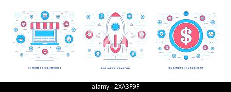 Set of vector illustrations of flat line banners with icons designed for representation of successful commercial solutions and social media marketing. Stock Vector