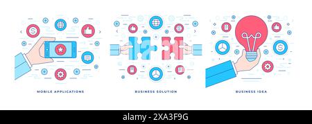 Set of vector illustrations graphic line banners with icons modern mobile applications created for business solution and idea promotion. Linear style Stock Vector