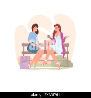 Vector illustration of young women with paper bags and drinks to go sitting on park bench and talking after shopping on weekend day Stock Vector