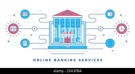 Vector illustration of line flat banner with building on smartphone and graphic icons for website promoting online banking services. Linear style desi Stock Vector