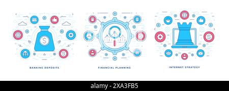 Set of vector illustrations flat line banners with colorful graphic icons designed for internet strategy and financial management. Linear style design Stock Vector