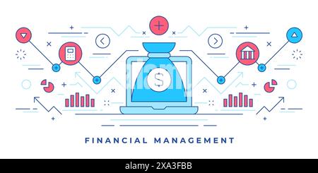 Vector illustration of flat line banner with money bag on laptop and graphic icons designed for financial management promotion on website. Linear styl Stock Vector