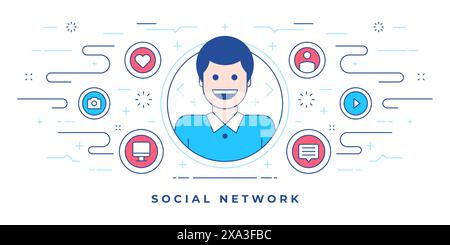 Flat line banner design with happy man and graphic icons created for modern website with social network marketing campaign. Linear style design templa Stock Vector