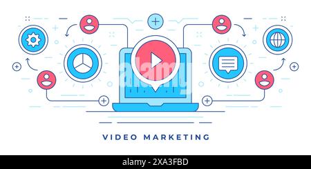 Vector illustration of flat line banner with modern laptop and graphic icons designed for video marketing services in social media. Linear style desig Stock Vector