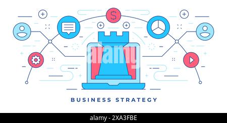 Vector illustration of flat line banner with laptop with chess piece and icons designed for website offering business strategy solutions. Linear style Stock Vector