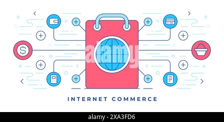 Vector illustration of flat line banner with graphic icons around shopping bag with globe sign designed for internet commerce website. Linear style de Stock Vector