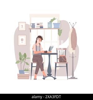 Vector illustration of female customer with hot drink reading interesting book while sitting at table in cozy restaurant Stock Vector