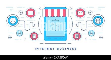 Vector illustration of flat line banner with graphic icons surrounding modern tablet and online shop on website promoting internet business. Linear st Stock Vector