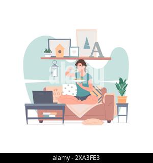 Woman having dinner and watching movie at home vector illustration. Modern lady eating healthy dish and watching film on laptop while sitting cross le Stock Vector