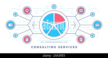 Vector illustrations of line flat banner with icons around graphic chart for consulting services marketing campaign in social media. Linear style desi Stock Vector
