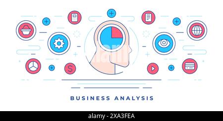 Vector illustration of flat line banner with human profile and colorful graphic icons created for website promoting business analysis services. Linear Stock Vector