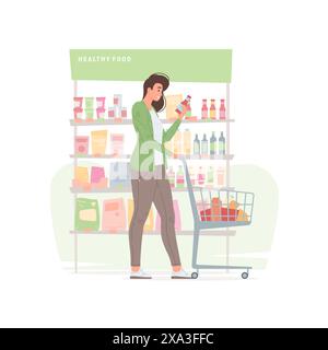 Vector illustration of modern young female with shopping cart choosing drink from shelf while buying healthy food in grocery store. Flat style cartoon Stock Vector