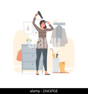 Vector illustration of positive female in casual clothes drying hair with comb and dryer while standing near cabinet and clothes hanger in hallway at Stock Vector