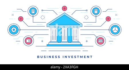 Vector illustration of flat line banner with graphic icons around bank building designed for business investment marketing campaign on website. Linear Stock Vector