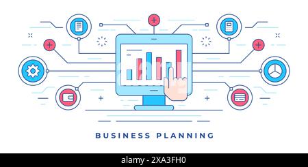 Vector illustration of flat line banner with human hand interacting with on computer for website promoting business planning services. Linear style de Stock Vector
