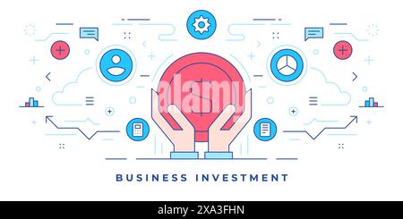 Vector illustration of line flat banner with human hands holding coin near graphic icons for business investment website. Linear style design template Stock Vector