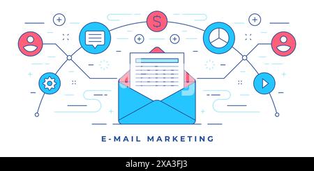 Vector illustration of flat line banner with letter in envelope and graphic icons designed for website advertising email marketing services. Linear st Stock Vector
