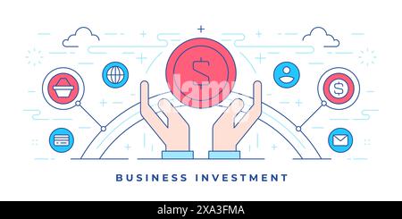 Vector illustration of flat line banner with human hands donating money created for business investment marketing campaign in social media. Linear sty Stock Vector