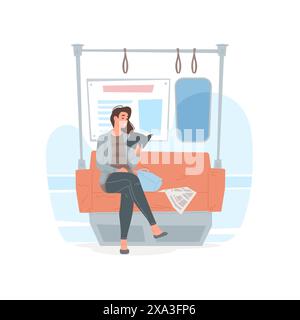 Vector illustration of cheerful young female sitting on bench under handrail and reading book while riding modern train in underground. Flat style car Stock Vector