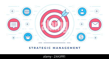 Vector illustration of line flat banner with graphic icons around target with arrow for website promoting strategic management services. Linear style Stock Vector