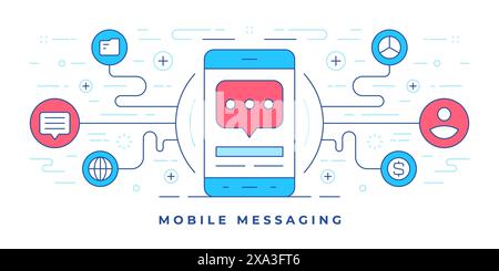 Vector illustration of flat line banner with icons around modern smartphone representing mobile messaging service for social media marketing campaign. Stock Vector