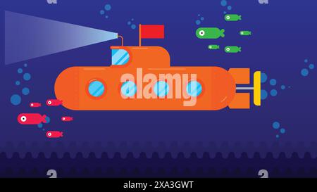 Submarine undersea view with fishes. flat style vector illustration Stock Vector