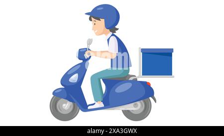 Delivery boy riding scooter with delivery box in blue uniform. concept of medicine and parcel delivery service. vector illustration Stock Vector