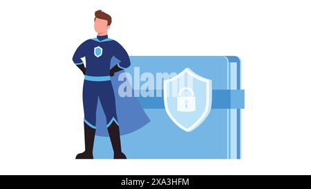 Standing security hero with lock shield on file. Data security concept, vector illustration Stock Vector