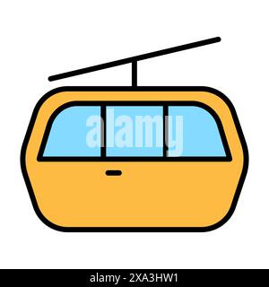 Cable car set icon. Yellow car, blue windows, aerial tramway, transportation, travel, mountain, sightseeing, tourism, adventure. Stock Vector
