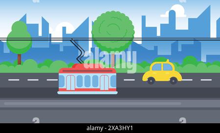 City street landscape with tram car and skyline buildings in the background. concept of transport in a city. vector illustration Stock Vector