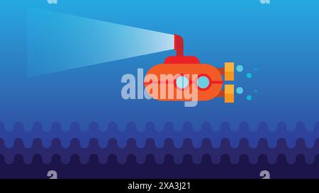Submarine with periscope underwater. scientific underwater discoveries and travels. flat style vector illustration Stock Vector
