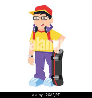 Cool boy in cap holding skateboard. cartoon character, vector illustration. Stock Vector