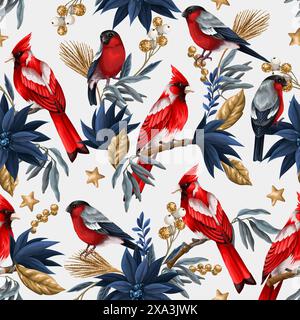 Seamless pattern with Christmas elements such as fir, red birds, flowers . Vector. Stock Vector