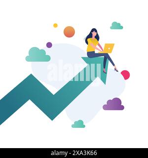 Woman sitting on growing graph and working on laptop. Business Growth Concept. Vector illustration Stock Vector