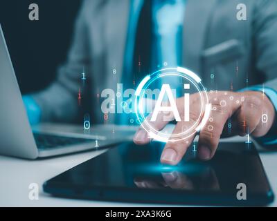 Concept of technology or using AI to help with work, Businessman hand showing modern technology on internet network AI technology in everyday life, In Stock Photo