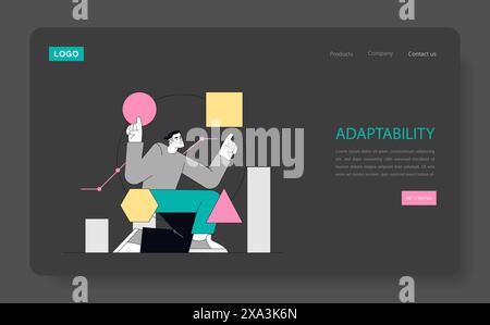 Soft Skills concept. A businessman balances geometric shapes, symbolizing adaptability in problem-solving. Professional growth through flexibility. Vector illustration. Stock Vector