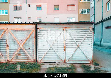 Old rusty sheds made of corrugated metal, selective focus Stock Photo