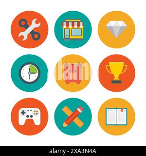 Flat design icons, Tools, Online Shop, Diamond, Clock, Trophy Cup, Piggy Money Box, Game Controller, Book, Pencil and Ruler. Vector business symbols f Stock Vector