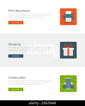 Website Headers or Promotion Banners Templates and Flat Icons Design. Print documents, Shopping, Building construction. Vector Illustration. Stock Vector