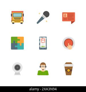 Flat design icons, Delivery Truck, Microphone, Speech Bubble, Puzzle Pieces, Smart Phone, Button, Video Camera, Support, Coffee. Vector business symbo Stock Vector