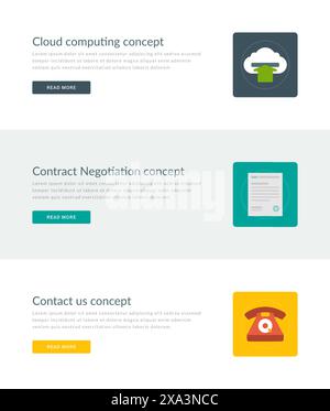 Website Headers or Promotion Banners Templates and Flat Icons Design. Cloud computing upload arrow, Contract document, Contact us telephone. Vector Il Stock Vector