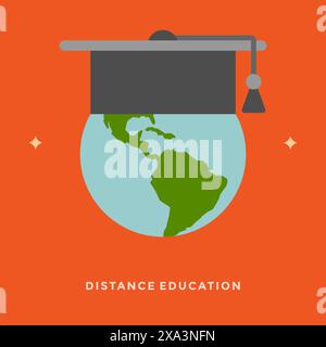 Flat design vector business illustration concept Distance education globe graduation cap for website and promotion banners. Stock Vector