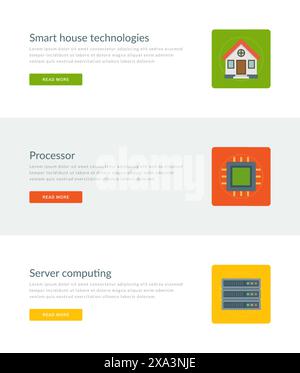 Website Headers or Promotion Banners Templates and Flat Icons Design. Smart house technologies, Processor, Server computing. Vector Illustration. Stock Vector