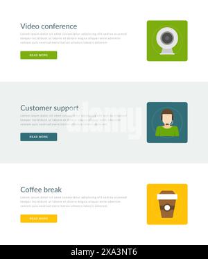 Website Headers or Promotion Banners Templates and Flat Icons Design. Conference video camera, Customer support consultant man, Coffee break. Vector I Stock Vector