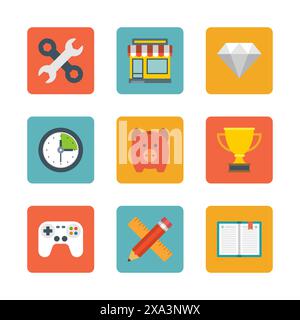 Flat design icons, Tools, Online Shop, Diamond, Clock, Trophy Cup, Piggy Money Box, Game Controller, Book, Pencil and Ruler. Vector business symbols f Stock Vector