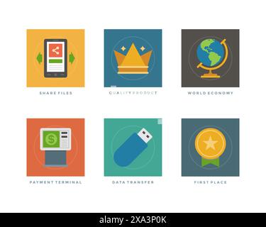 Business flat design icons, Share Files, Quality Product, World Economy, Payment Terminal, Data Transfer, First Place Medal. Vector illustration for w Stock Vector