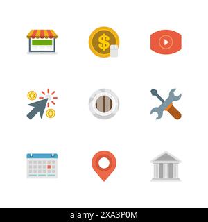 Flat design icons, Money Coin, Video Marketing, Shopping, Arrow Cursor, Coffee cup, Tools, Calendar, Map Pointer, Online Shopping, Exchange. Vector bu Stock Vector