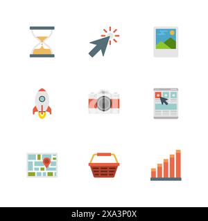Flat design icons, Sand Clock, Arrow Cursor, Gallery, Startup Rocket, Photo Camera, Online Shop, Map pointer, Shop Basket, Graph Chart. Vector busines Stock Vector