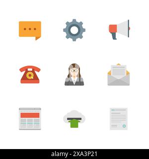 Flat design icons, Speech Bubble, Gear Options, Megaphone, Telephone, Teacher, Open Mail, Development, Cloud Computing Download, Coding. Vector busine Stock Vector