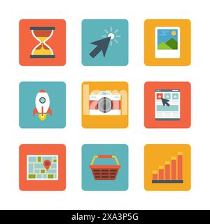 Flat design icons, Sand Clock, Arrow Cursor, Gallery, Startup Rocket, Photo Camera, Online Shop, Map pointer, Shop Basket, Graph Chart. Vector busines Stock Vector